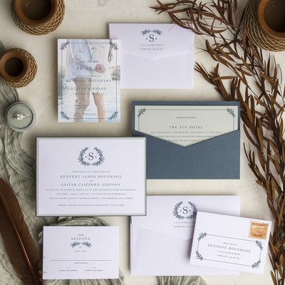 Monogram wreath envelopments slate grey portable pocket wedding invite 