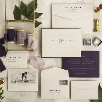 Dropped from the sky Envelopments Wedding invitation horizontal purple 