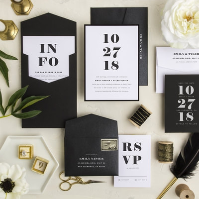 Duly Noted Envelopments black white wedding invitation 
