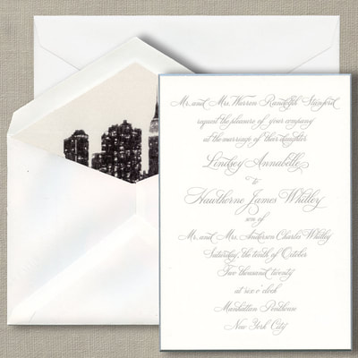 Luxurious paper, an exquisite calligraphy style and a dramatic foil edged bevel adorn this chic and urbane invitation. Each engraved invitation includes a classic double envelope enclosure including the option to line your inner envelope with an iconic city skyline -Chicago