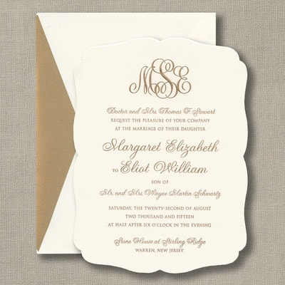 Engraved rococo wedding invite wedding ivory and gold