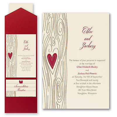 woodsy romantic pocket ecru red heart wedding invite