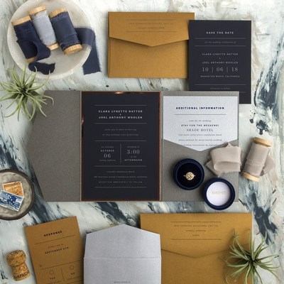 Young Love Envelopments wedding invite black grey copper pocket shimmer paper 
